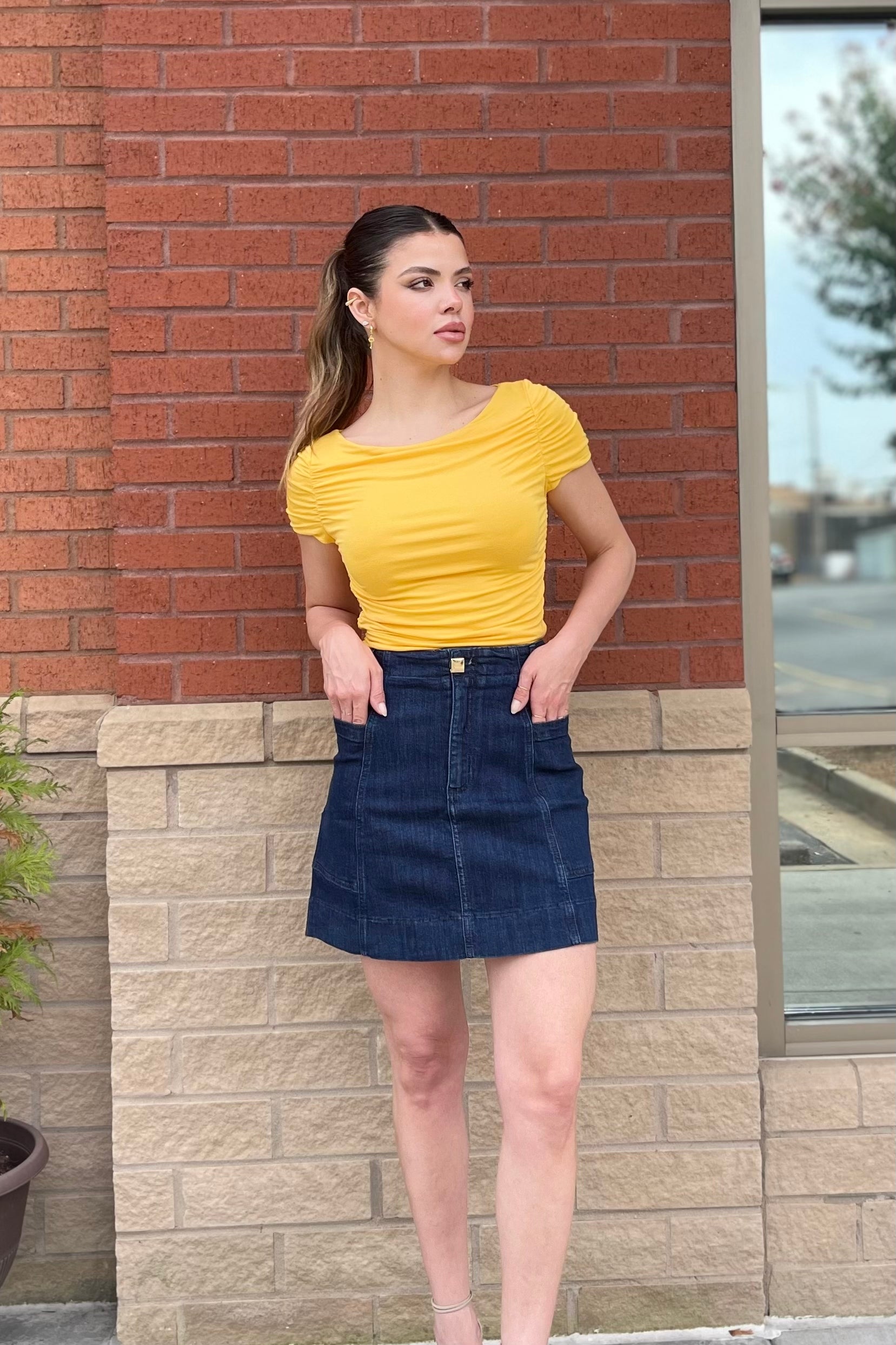 Yellow shirt and denim skirt hotsell