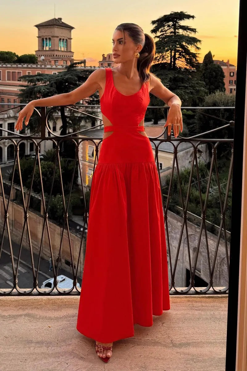 red midi dress cotton Red Acrylic and Cotton Midi Dress with Jacquard Belt